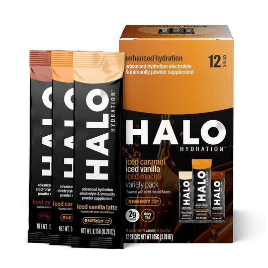 HALO Sport HALO Hydration Variety Pack - Electrolyte Energy Drink Mix Powder Packets - Caramel, Vanilla, Mocha Lattes - Healthy Skinny Coffee - 12 Sticks