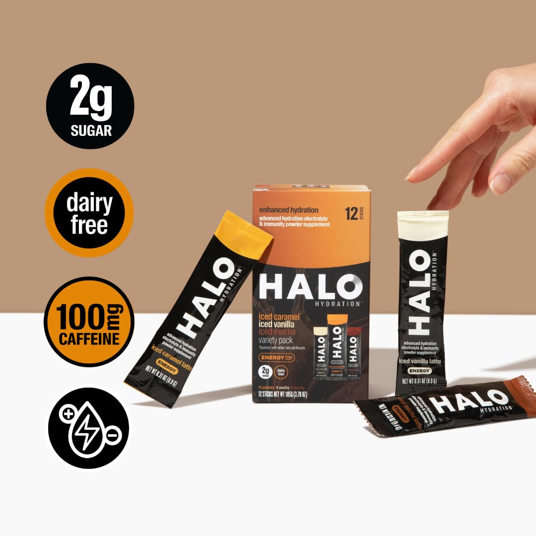 HALO Sport HALO Hydration Variety Pack - Electrolyte Energy Drink Mix Powder Packets - Caramel, Vanilla, Mocha Lattes - Healthy Skinny Coffee - 12 Sticks