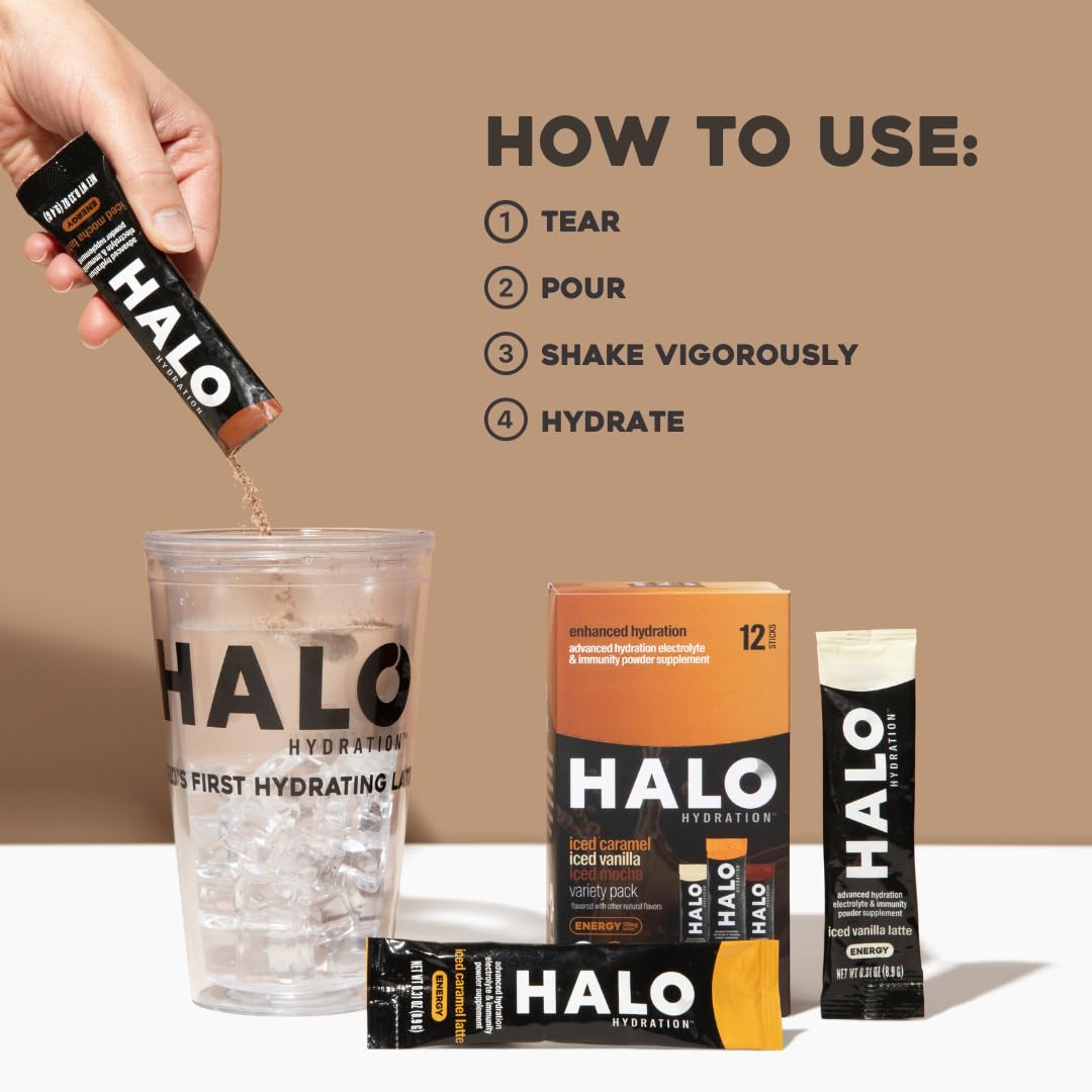 HALO Sport HALO Hydration Variety Pack - Electrolyte Energy Drink Mix Powder Packets - Caramel, Vanilla, Mocha Lattes - Healthy Skinny Coffee - 12 Sticks