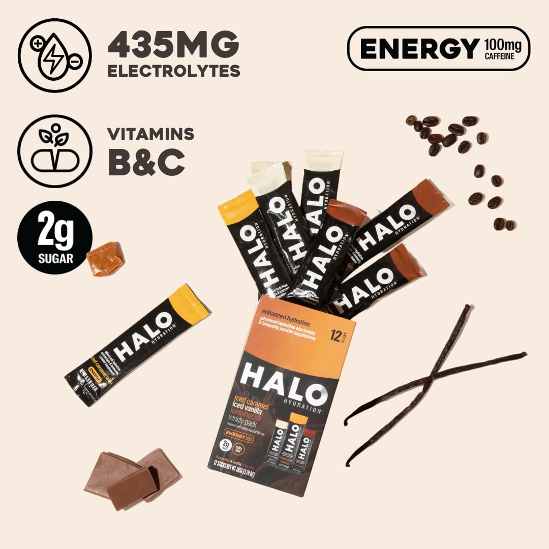 HALO Sport HALO Hydration Variety Pack - Electrolyte Energy Drink Mix Powder Packets - Caramel, Vanilla, Mocha Lattes - Healthy Skinny Coffee - 12 Sticks