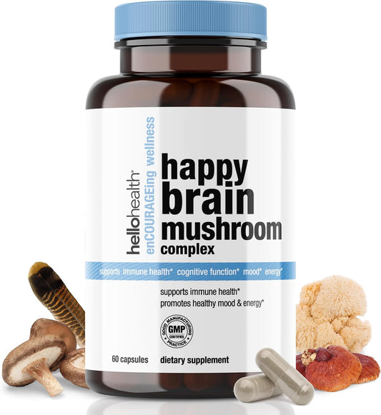 Happy Brain Mushroom Complex Nootropic Supplement with 10 Mushroom Blend for Mental Clarity, Energy, & Immune Support - 60 ct