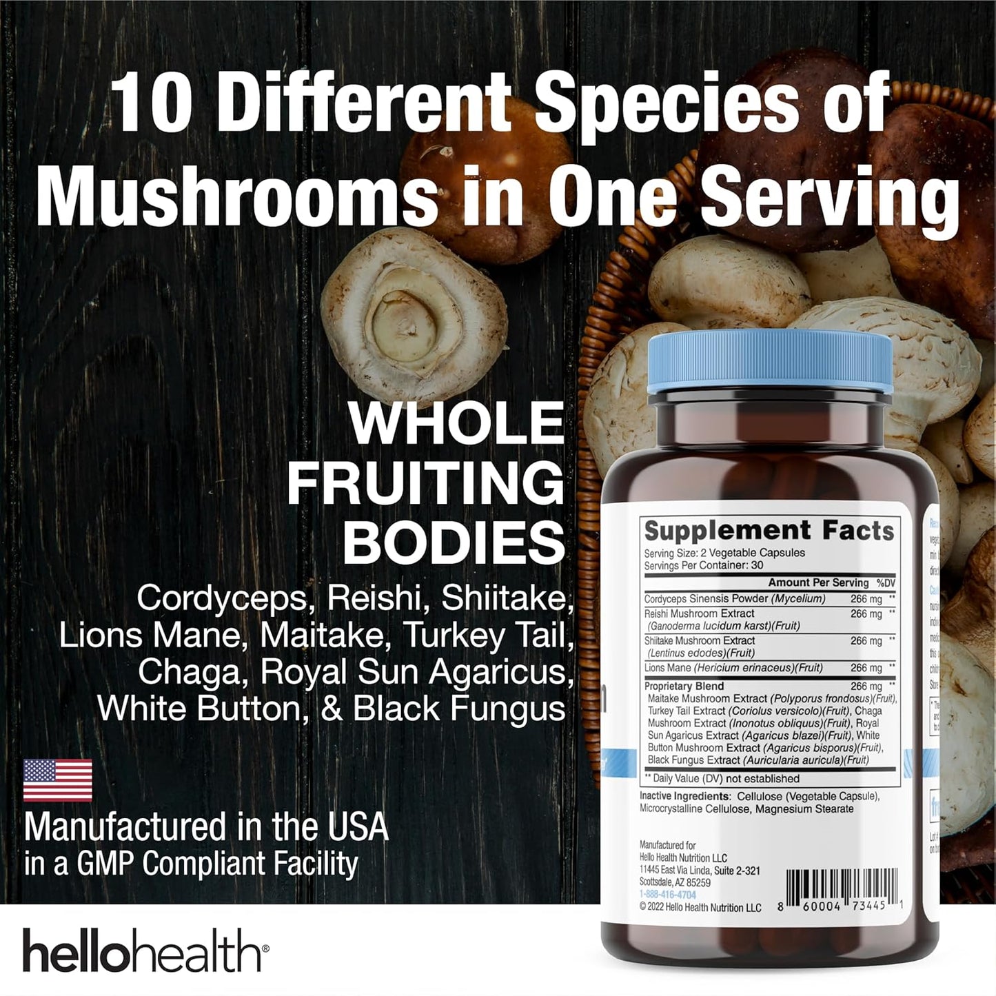 Happy Brain Mushroom Complex Nootropic Supplement with 10 Mushroom Blend for Mental Clarity, Energy, & Immune Support - 60 ct
