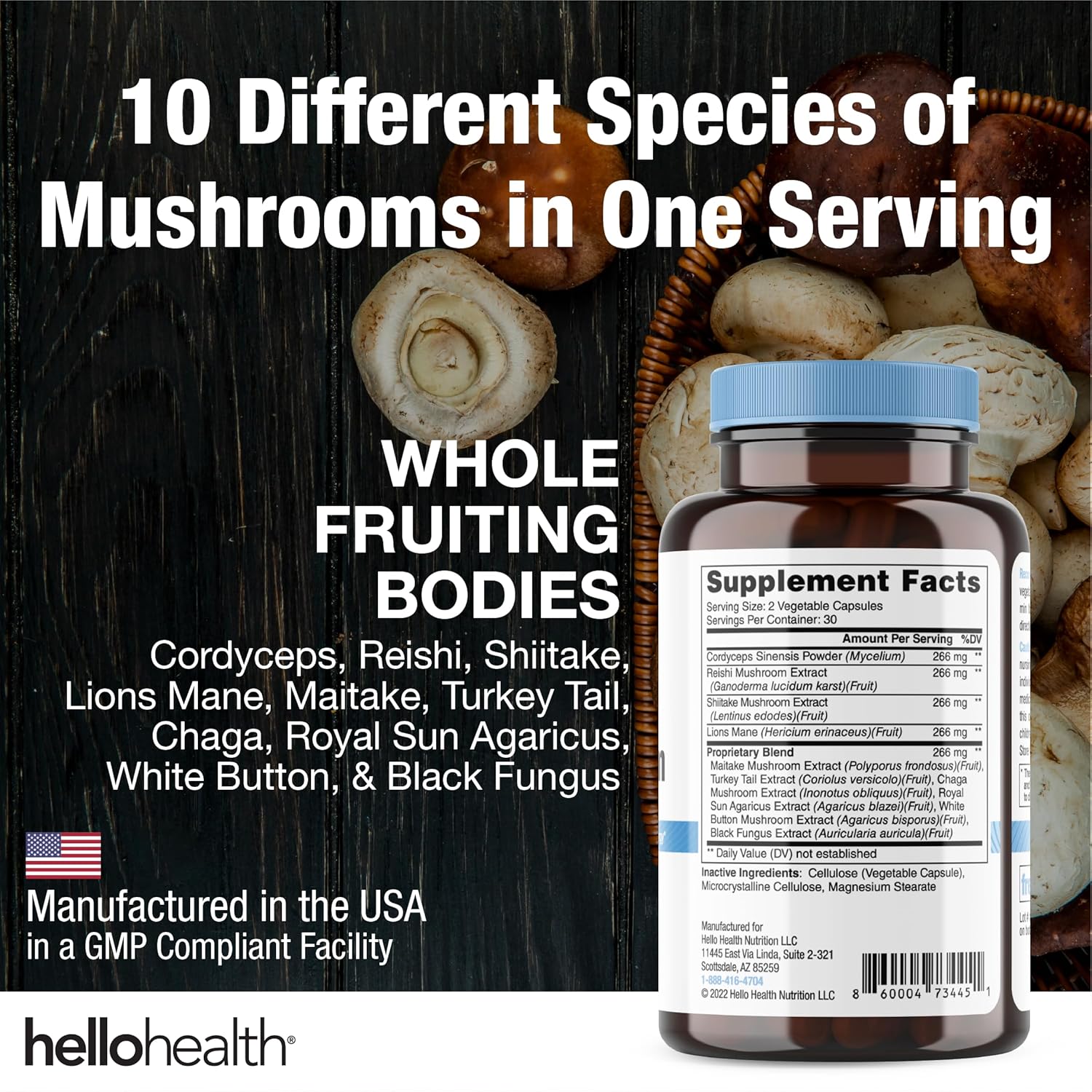 Happy Brain Mushroom Complex Nootropic Supplement with 10 Mushroom Blend for Mental Clarity, Energy, & Immune Support - 60 ct