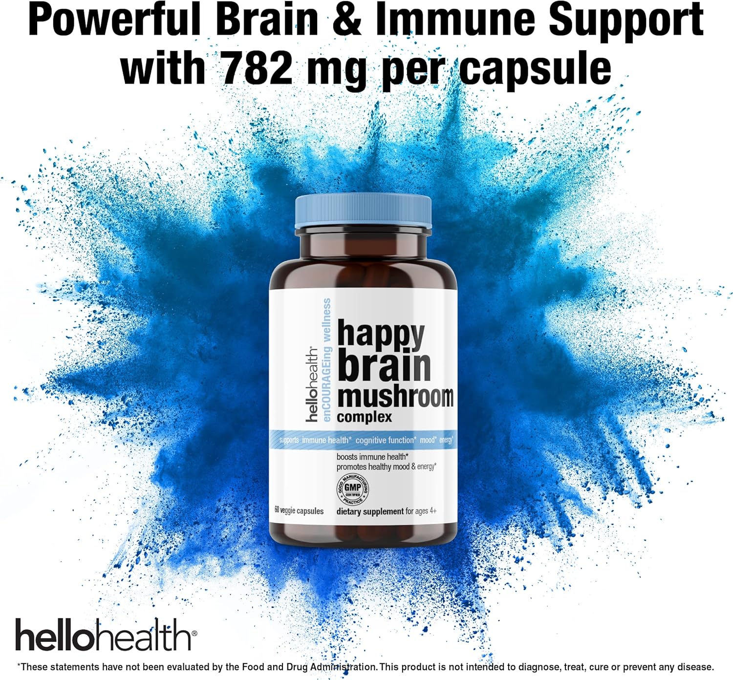 Happy Brain Mushroom Complex Nootropic Supplement with 10 Mushroom Blend for Mental Clarity, Energy, & Immune Support - 60 ct