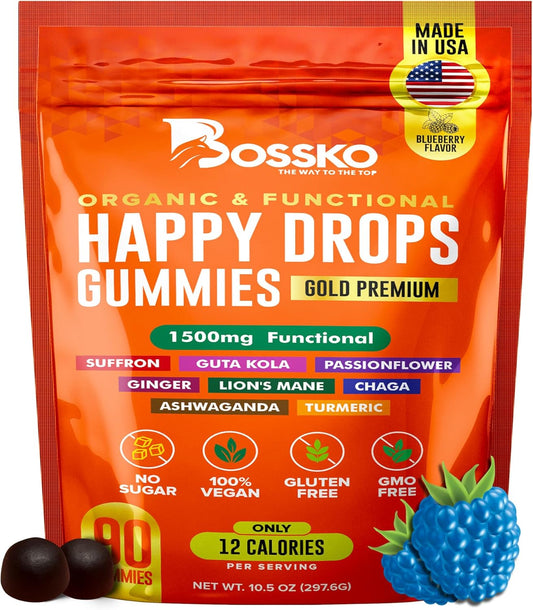 Happy Drops 1500mg Mushroom Gummies with Ashwagandha, Chaga, Saffron for Energy, Bliss, and Balance - 90 Gummies