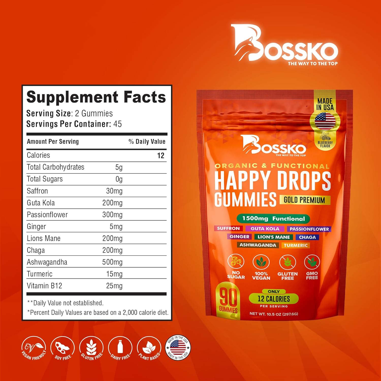 Happy Drops 1500mg Mushroom Gummies with Ashwagandha, Chaga, Saffron for Energy, Bliss, and Balance - 90 Gummies