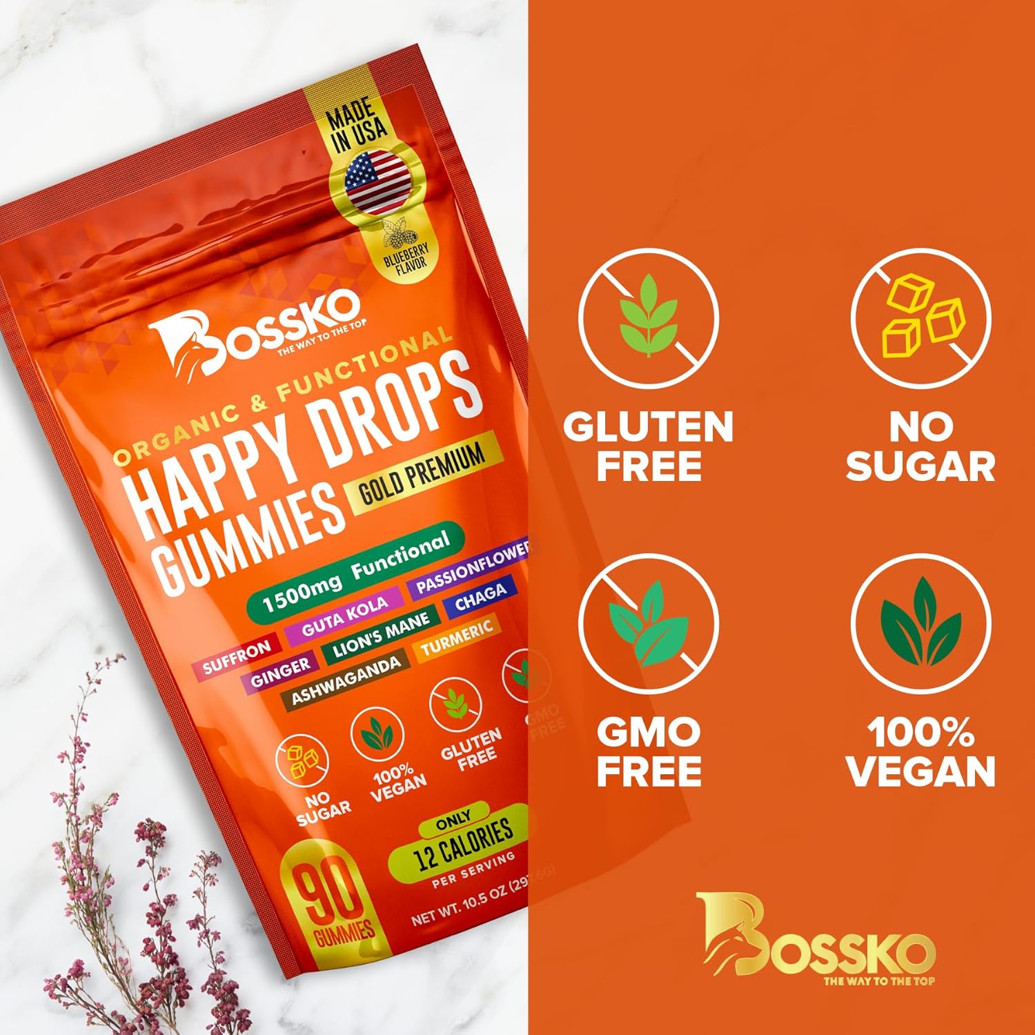 Happy Drops 1500mg Mushroom Gummies with Ashwagandha, Chaga, Saffron for Energy, Bliss, and Balance - 90 Gummies