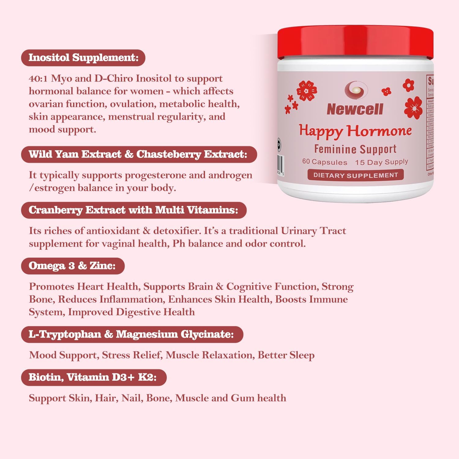 Happy Hormones & PCOS Support - Inositol Multivitamin with Myo-Inositol, Magnesium, D-Chiro Inositol, Omega 3, Vitamin D3, Zinc - 60 Capsules for Women's Health & Hormone Balance