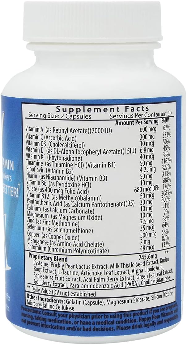 Happy Hour Vitamins: Multivitamin for Better Mornings with Milk Thistle, Prickly Pear Cactus, B & C Vitamins - 30 Servings