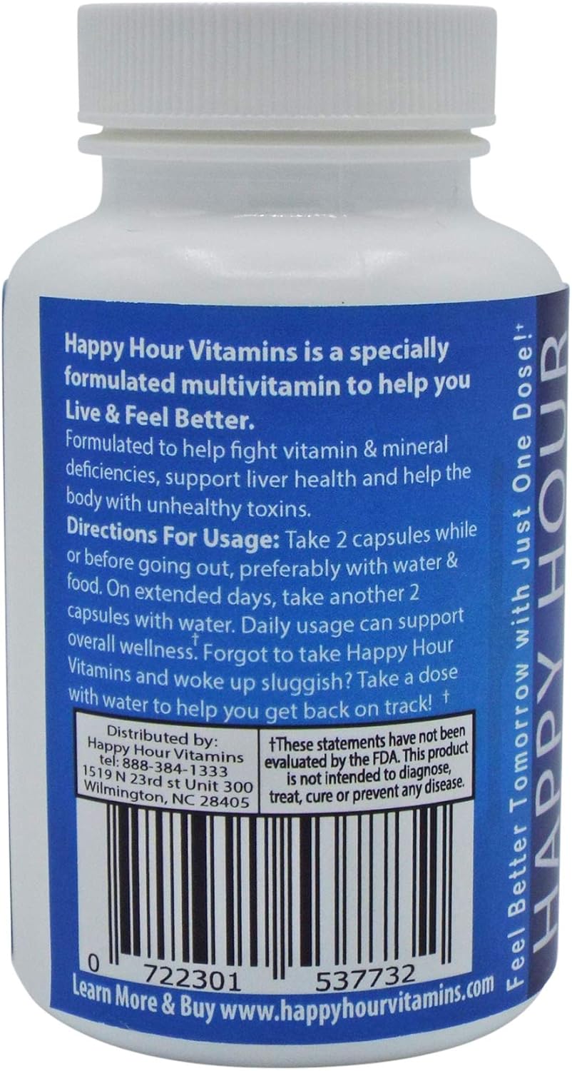 Happy Hour Vitamins: Multivitamin for Better Mornings with Milk Thistle, Prickly Pear Cactus, B & C Vitamins - 30 Servings