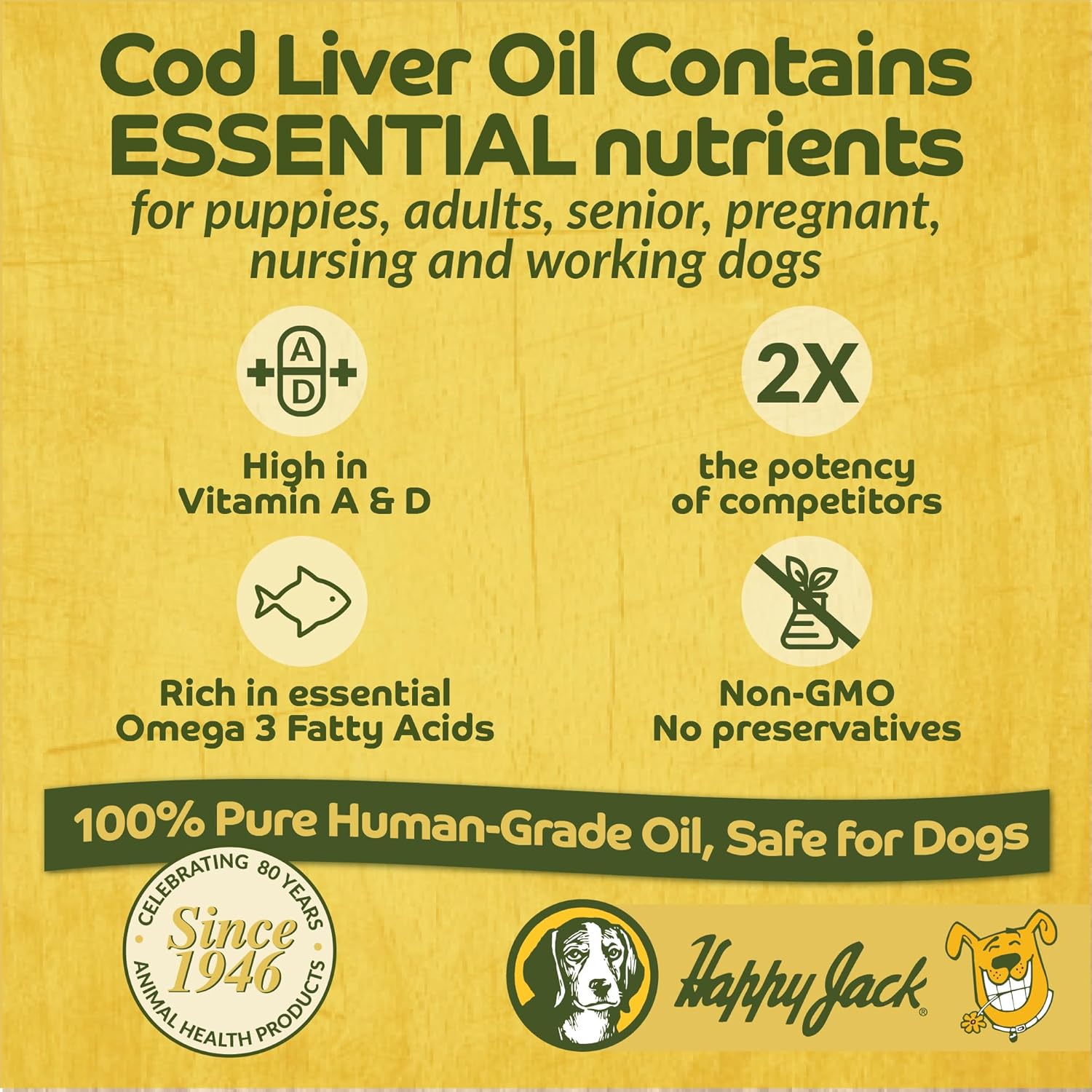 Happy Jack Omega 3 Fish Oil Supplement for Dogs 16 oz - Skin, Coat, Brain, Eyes, Bones, Joint, Heart, Immune Health - Energy Booster - EPA, DHA, Vitamin A, D