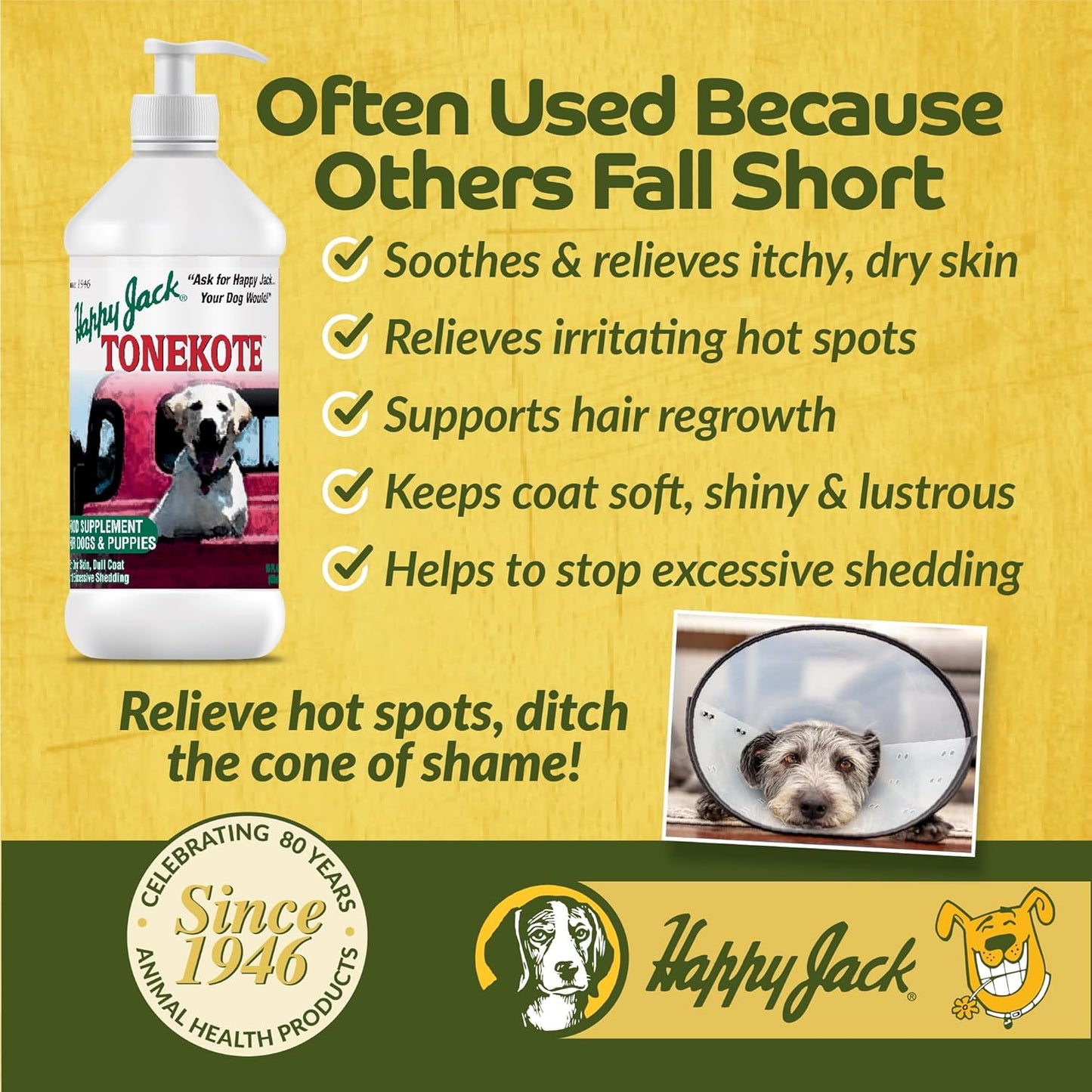 Happy Jack Tonekote Dog Skin & Coat Supplement, 16 oz - Oil with Essential Fatty Acids & Vitamins for Itch Relief, Hot Spots, Dull Coat, Dry Skin, Excessive Shedding