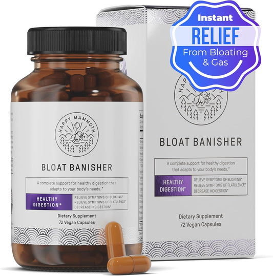 Happy Mammoth Bloat Banisher Capsules for Natural Relief from Bloating, Gas, and Indigestion - Supports Digestion of Dairy, Bread, Pizza, Cheese, and Meats - 72 Count
