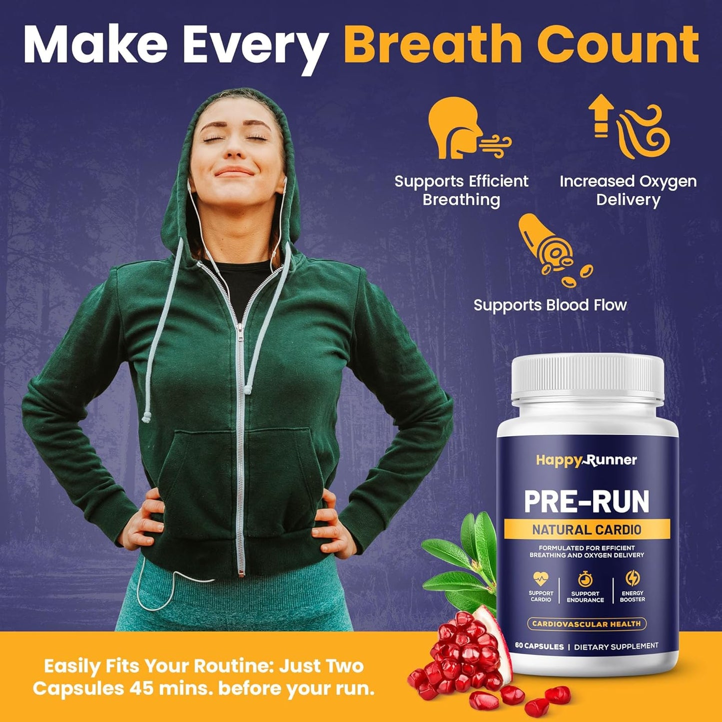 Happy Runner Pre-Run Supplement - Boost Endurance with Improved Breathing and Oxygen Delivery