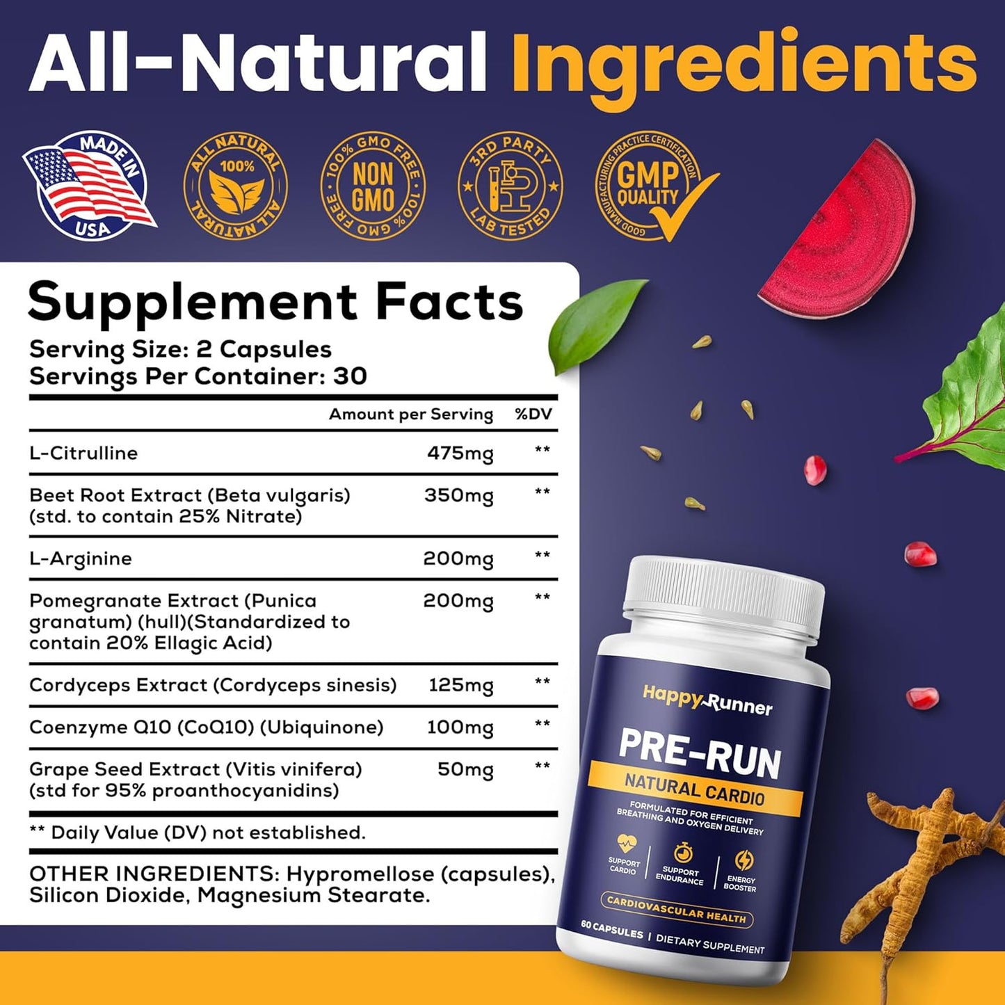 Happy Runner Pre-Run Supplement - Boost Endurance with Improved Breathing and Oxygen Delivery