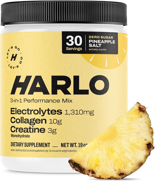 Harlo Pineapple Salt Electrolyte Drink Mix with Bovine Collagen & Creatine - Energy Powder for Pre & Post Workout Recovery