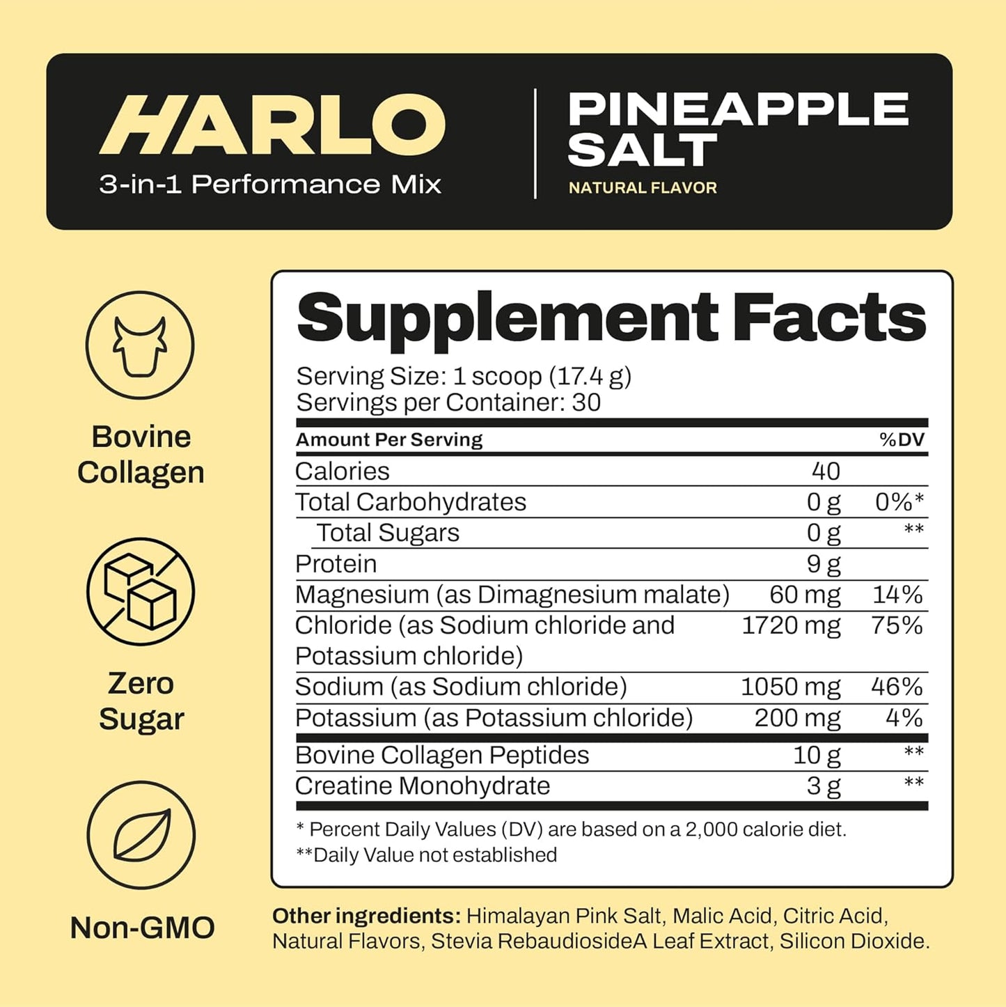 Harlo Pineapple Salt Electrolyte Drink Mix with Bovine Collagen & Creatine - Energy Powder for Pre & Post Workout Recovery