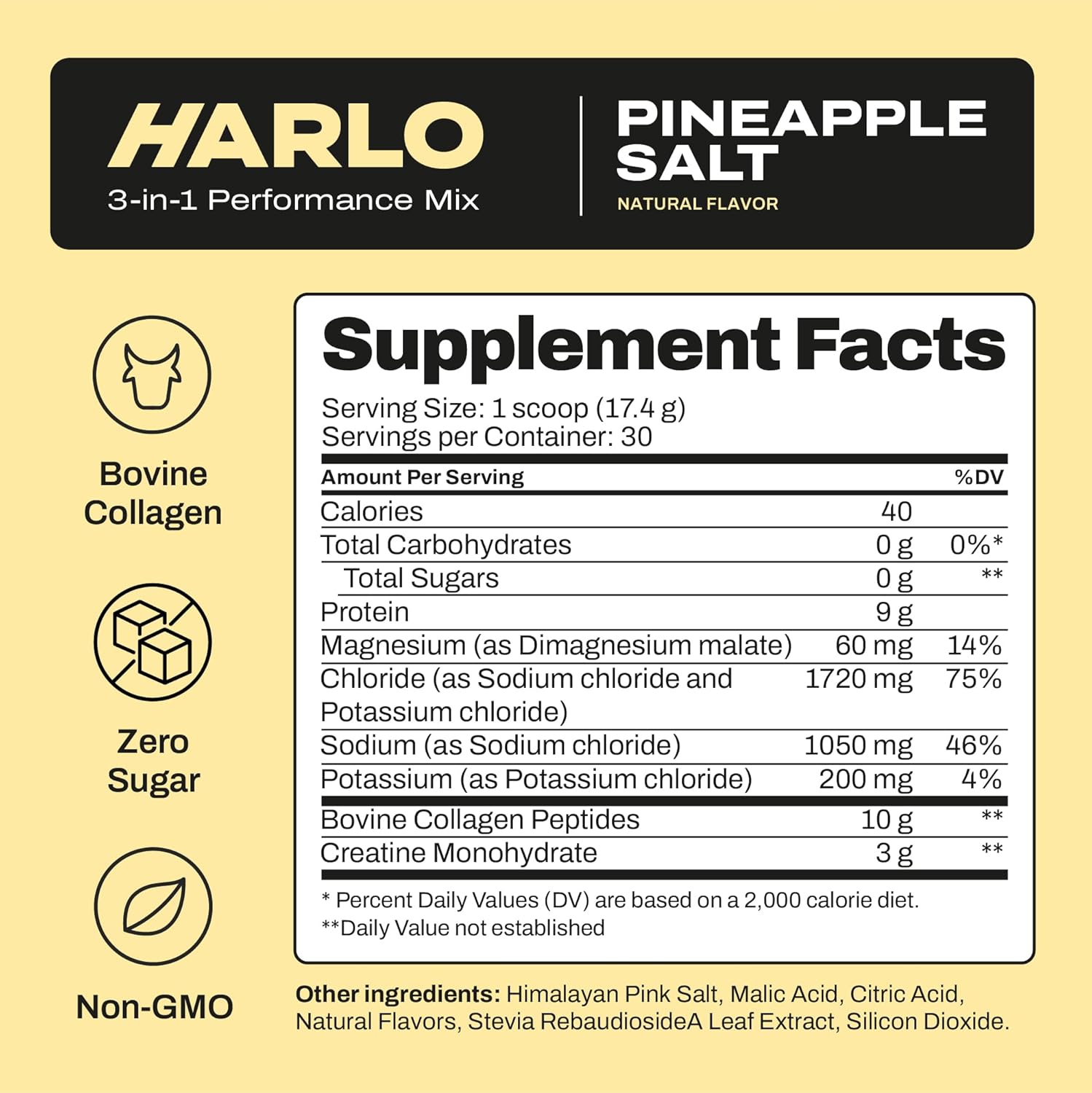 Harlo Pineapple Salt Electrolyte Drink Mix with Bovine Collagen & Creatine - Energy Powder for Pre & Post Workout Recovery