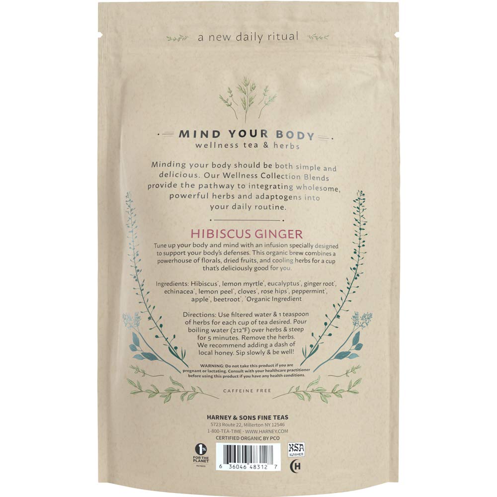 Harney & Sons Organic Hibiscus Ginger Tune-Up Wellness Blend with Eucalyptus, Echinacea, and Mint - 5 oz Bag