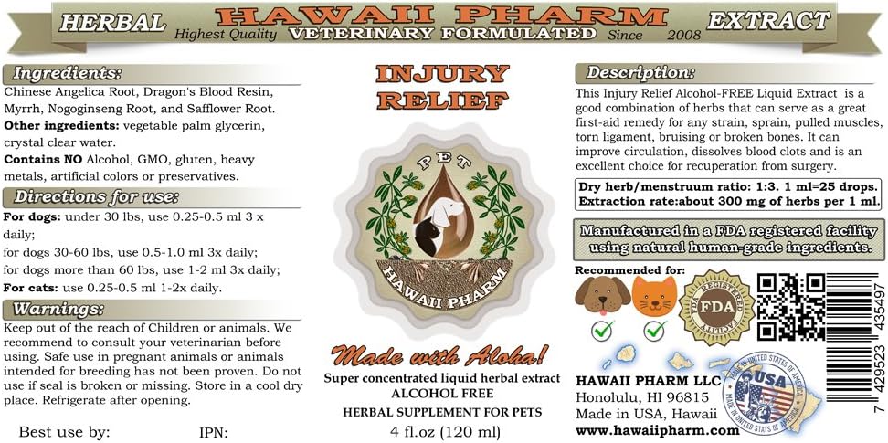 Hawaii Pharm Injury Relief Liquid Extract for Pets - Natural Herbal Supplement, Alcohol-Free Formula - 60 oz
