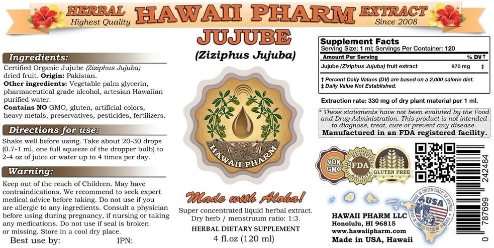 Hawaii Pharm Jujube Liquid Extract, Ziziphus Jujuba Fruit Powder Tincture Supplement, 4 oz Bottle