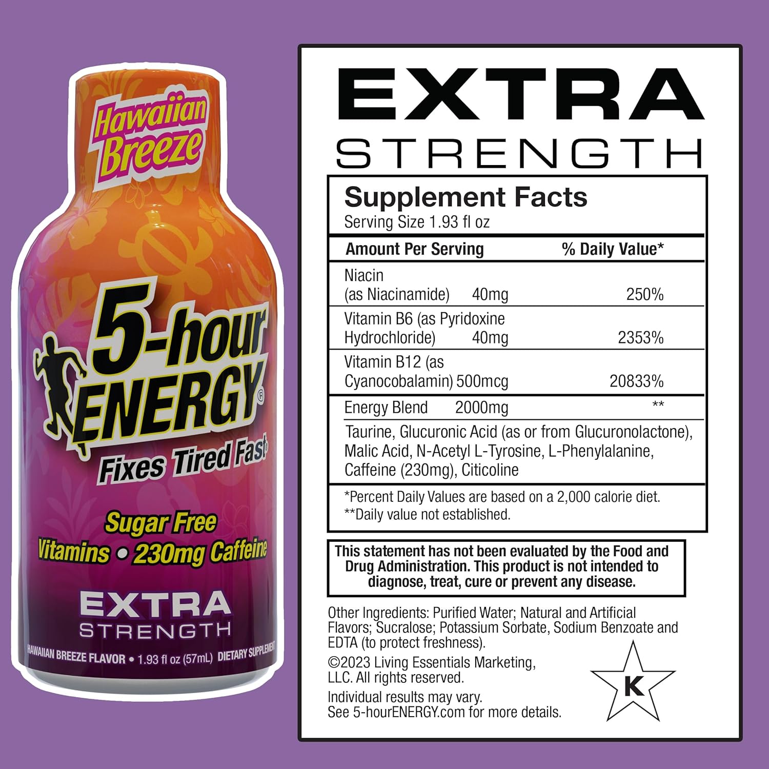 Hawaiian Breeze Flavor Extra Strength Energy Shot with Amino Acids & B Vitamins - Sugar-Free, Zero Calories, 230mg Caffeine - 24 Count