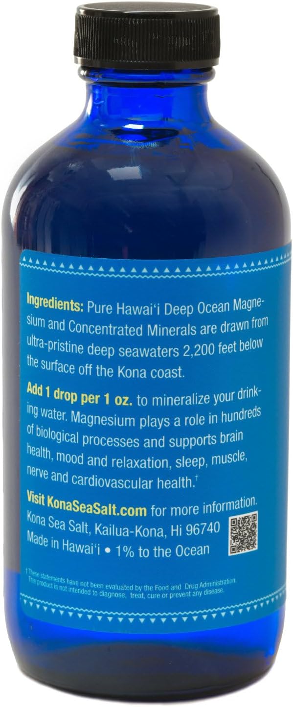 Hawaiian Kona Sea Salt Magnesium Drops 8oz Refill Bottle - Supports Brain, Mood, Muscle, Nerve, Cardio Health - Rich in Trace Minerals from Deep Ocean