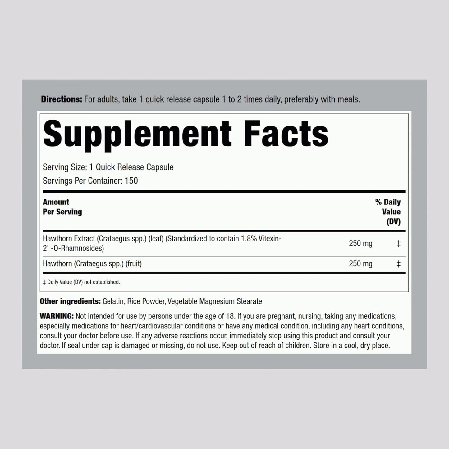 Hawthorn Berry Extract 250mg Capsules - Non-GMO & Gluten-Free Supplement | 150 Count