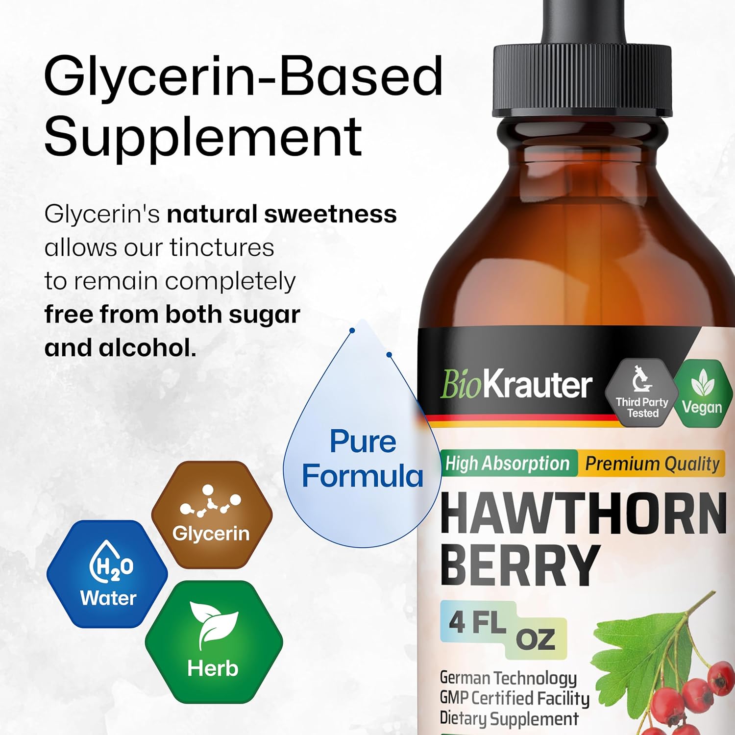 Hawthorn Berry Tincture 4 Fl.Oz - Alcohol & Sugar Free Vegan Supplement