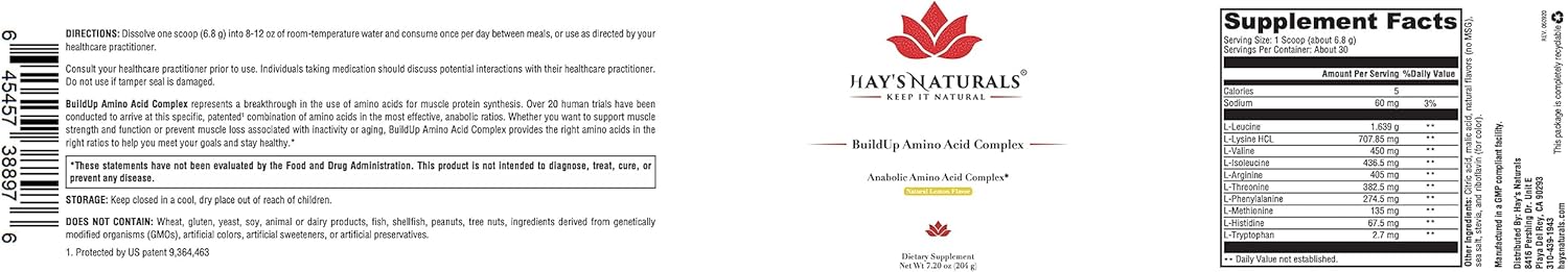 Hay's Naturals BuildUp - Amino Acid Complex for Lean Muscle Growth & Recovery | BCAA Powder with Essential Aminos | Natural Lemon Flavor | 30 Servings