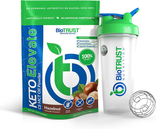 Hazelnut BioTrust Keto Elevate Pure C8 MCT Oil Powder with BlenderBottle - Bundle