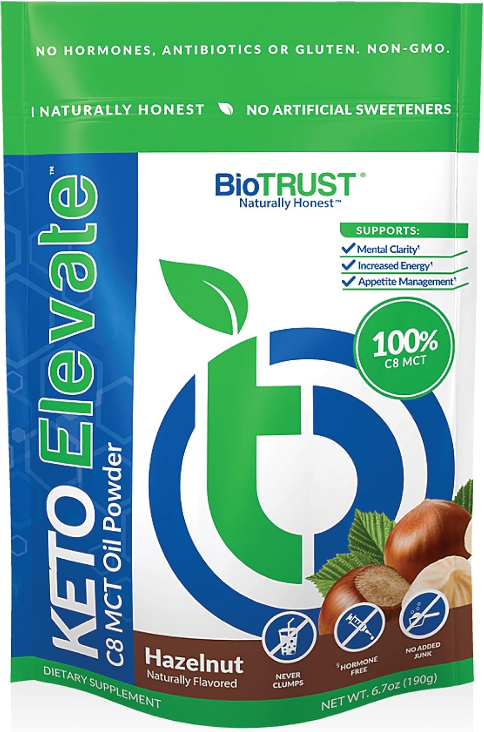 Hazelnut BioTrust Keto Elevate Pure C8 MCT Oil Powder with BlenderBottle - Bundle
