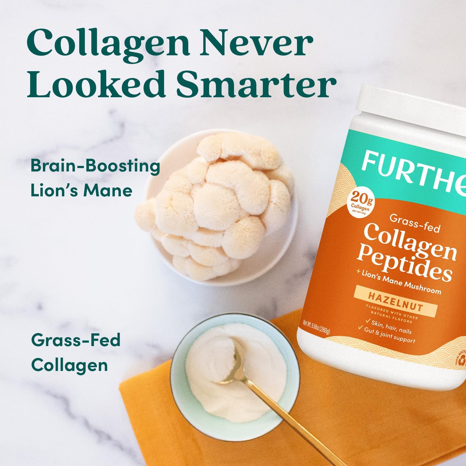 Hazelnut Collagen Peptides Powder with Lion’s Mane Mushroom - Grass-Fed Type 1 & 3 Protein for Gut Health, Joints, Hair, Skin, Nails - Paleo Keto Friendly 9.88 oz