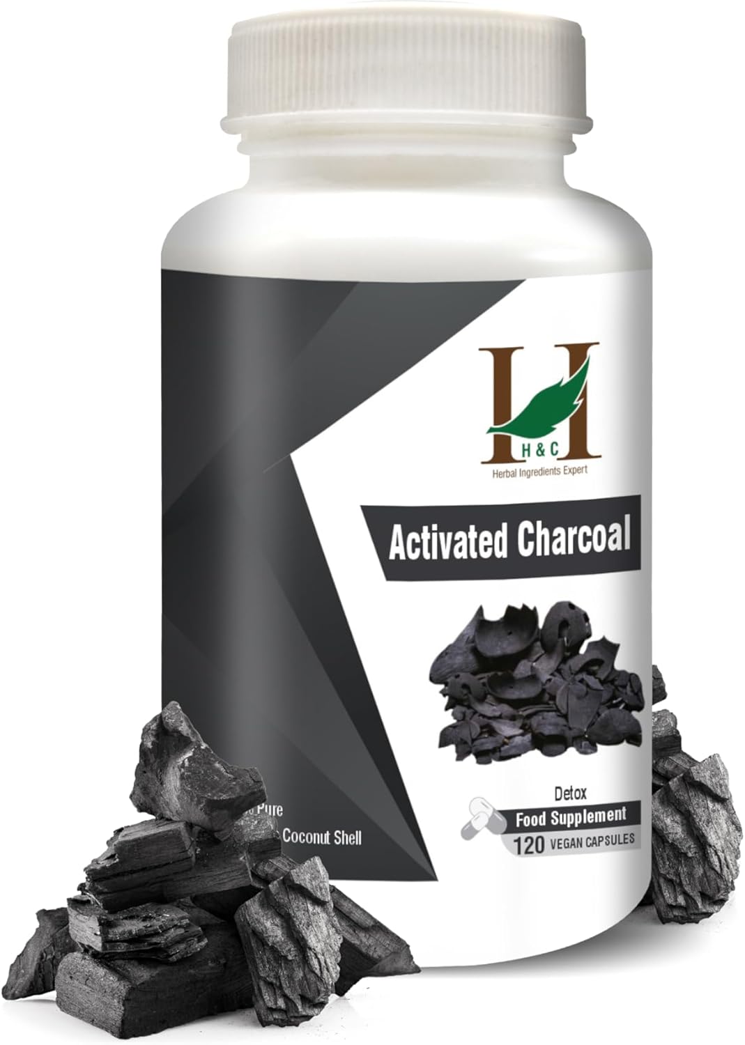 H&C Activated Charcoal Capsules - 350mg, 120 Capsules | Natural Coconut Shell Charcoal Detox Supplement