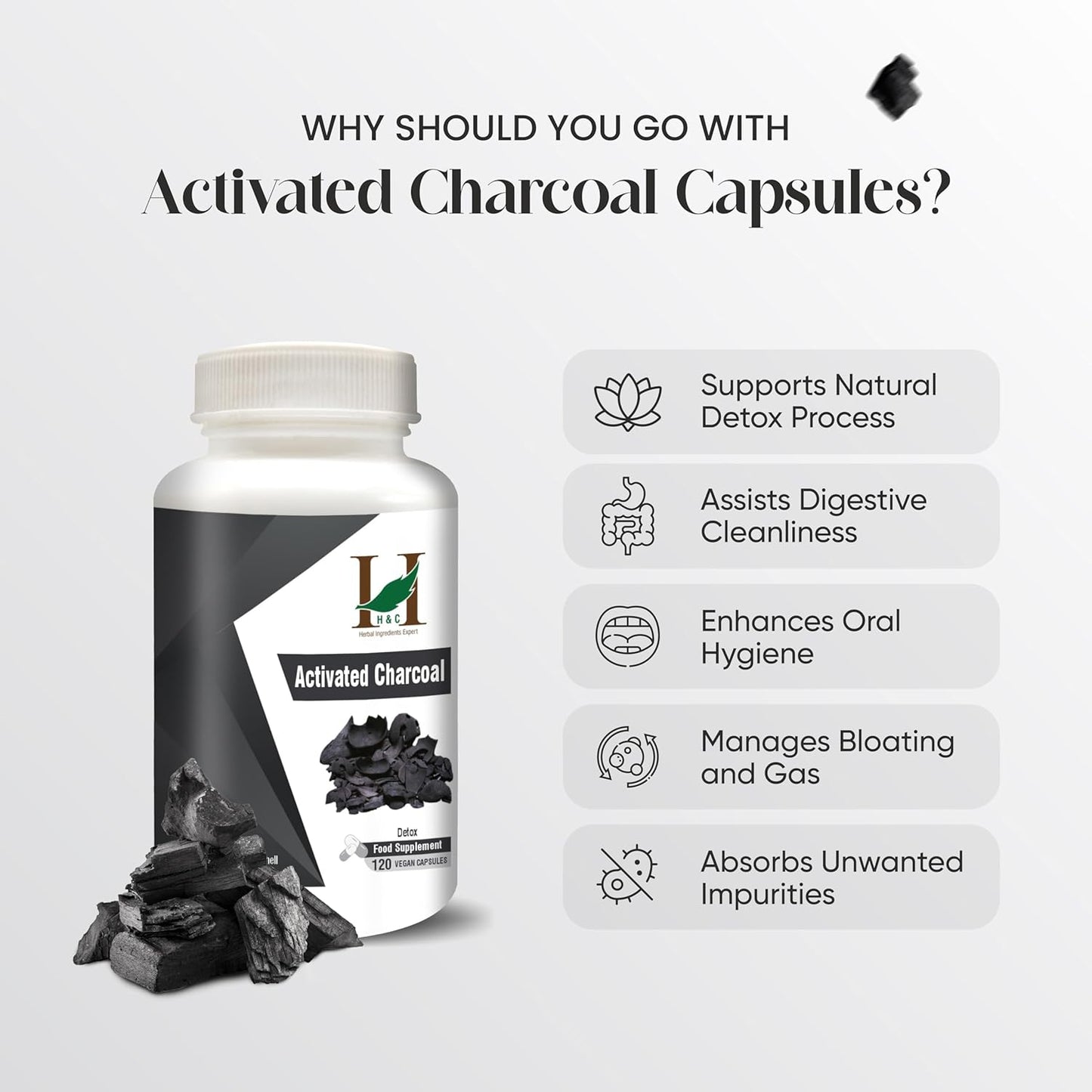 H&C Activated Charcoal Capsules - 350mg, 120 Capsules | Natural Coconut Shell Charcoal Detox Supplement