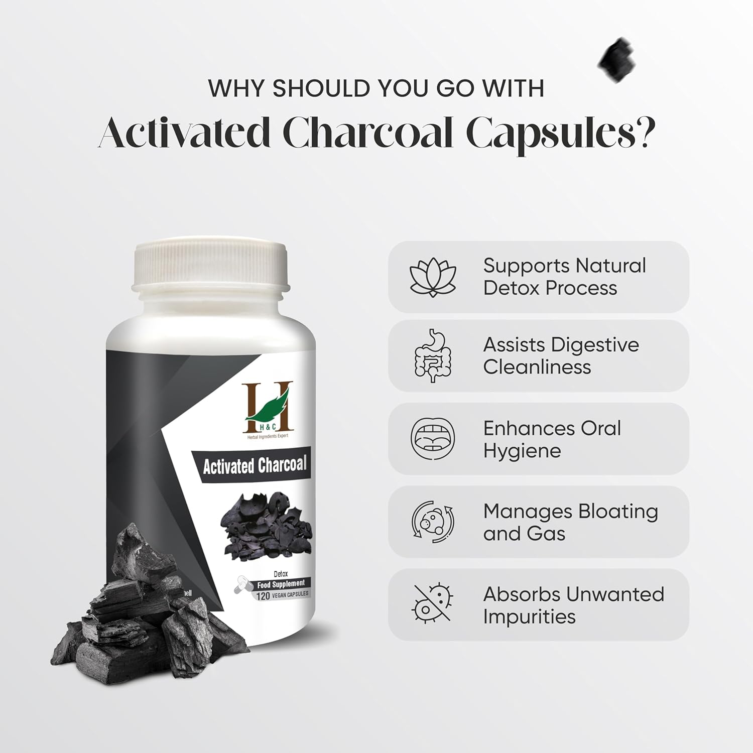 H&C Activated Charcoal Capsules - 350mg, 120 Capsules | Natural Coconut Shell Charcoal Detox Supplement