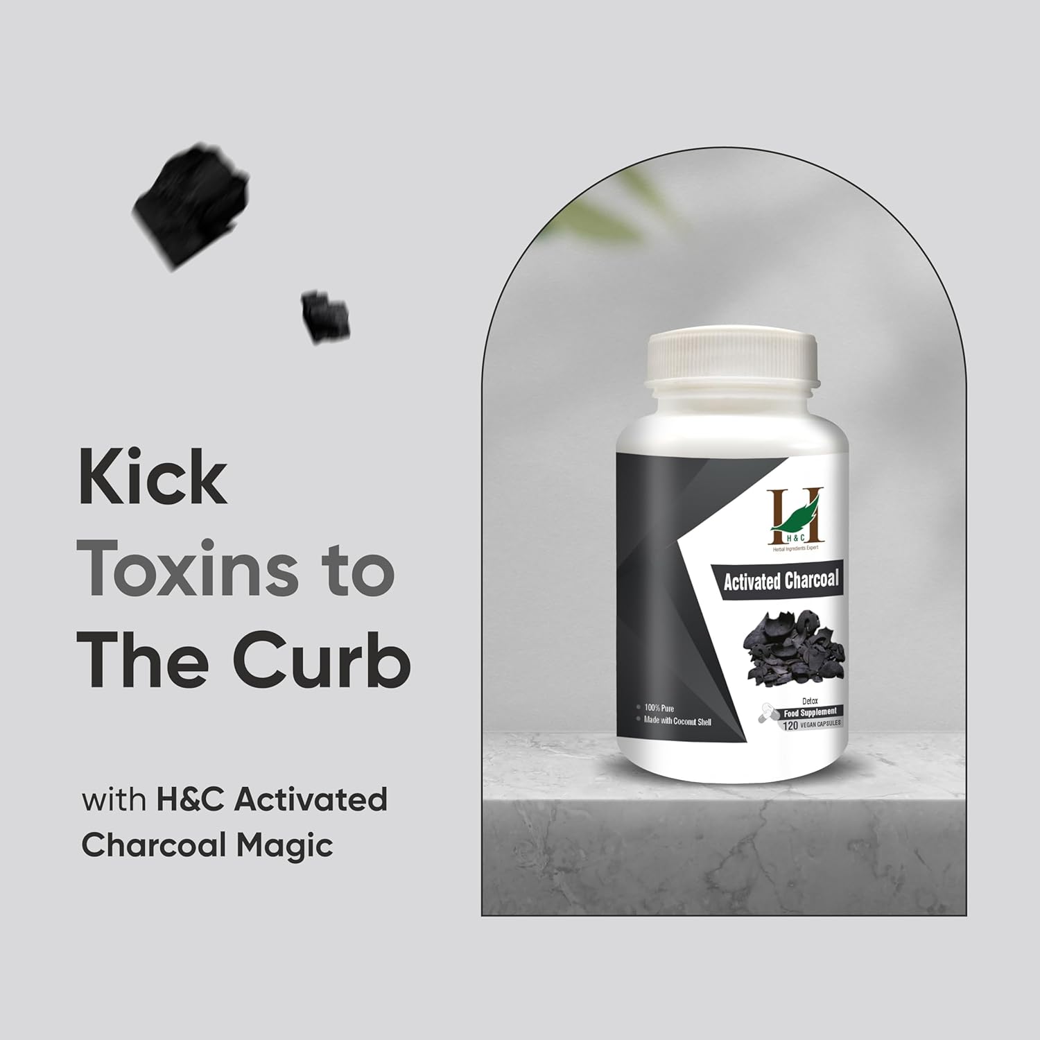 H&C Activated Charcoal Capsules - 350mg, 120 Capsules | Natural Coconut Shell Charcoal Detox Supplement