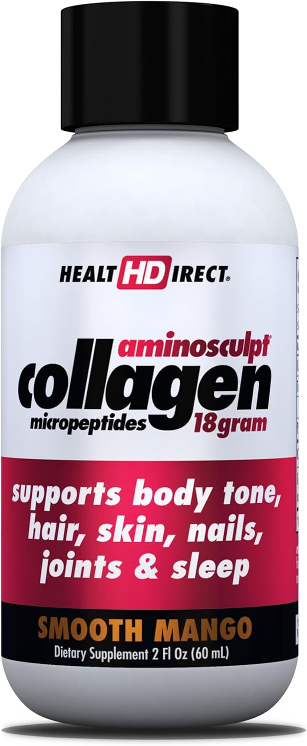 Health Direct AminoSculpt Sugar-Free Liquid Collagen Shots, Smooth Mango Flavor - 12 Servings for Joints, Bones, Sleep, Hair, Skin & Nails