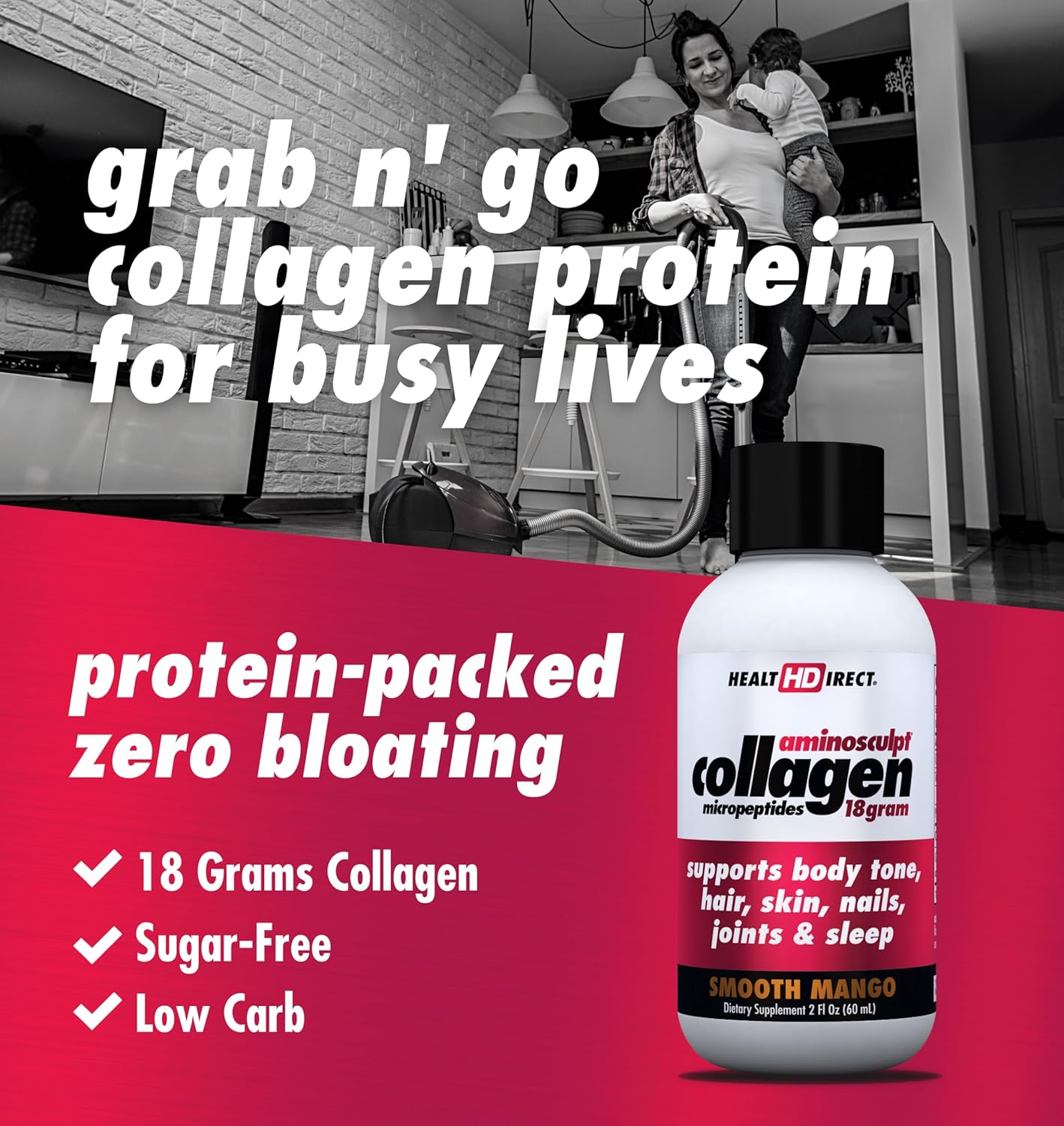 Health Direct AminoSculpt Sugar-Free Liquid Collagen Shots, Smooth Mango Flavor - 12 Servings for Joints, Bones, Sleep, Hair, Skin & Nails