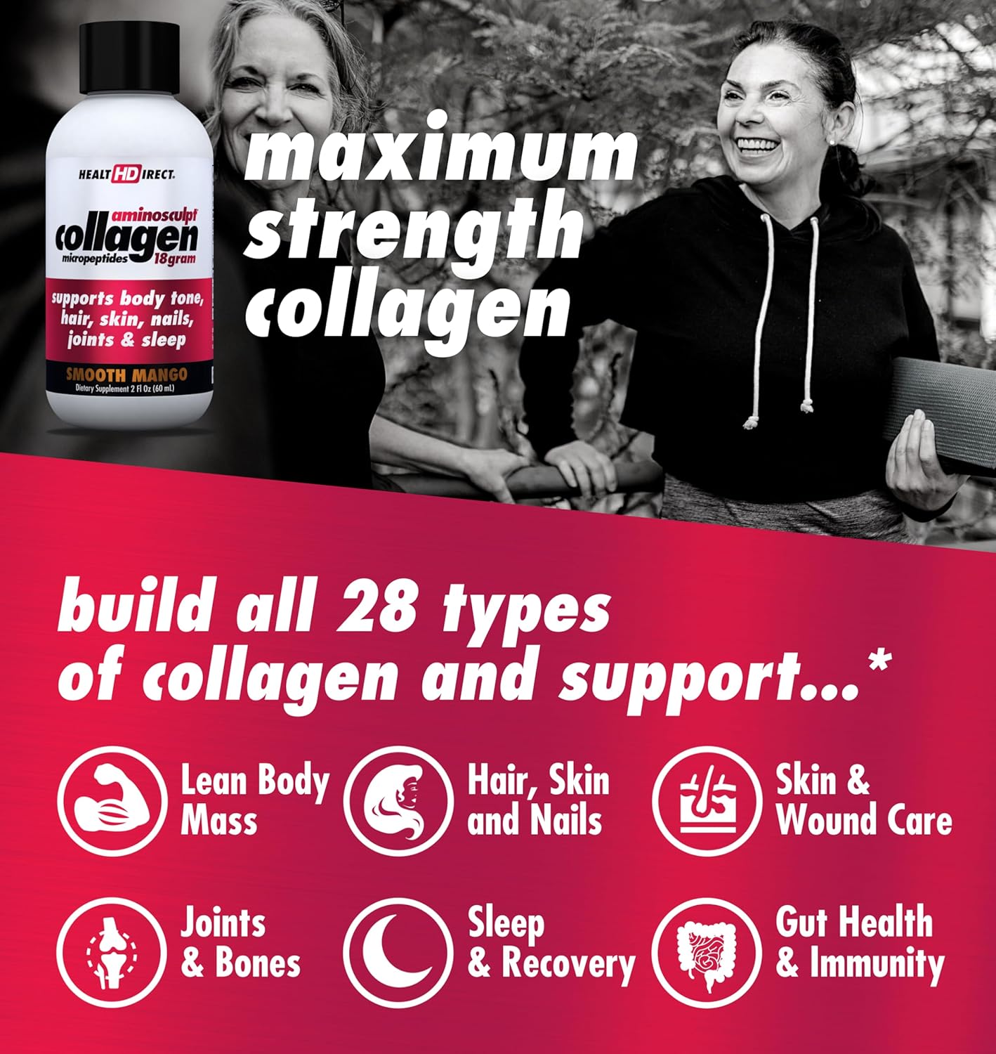Health Direct AminoSculpt Sugar-Free Liquid Collagen Shots, Smooth Mango Flavor - 12 Servings for Joints, Bones, Sleep, Hair, Skin & Nails