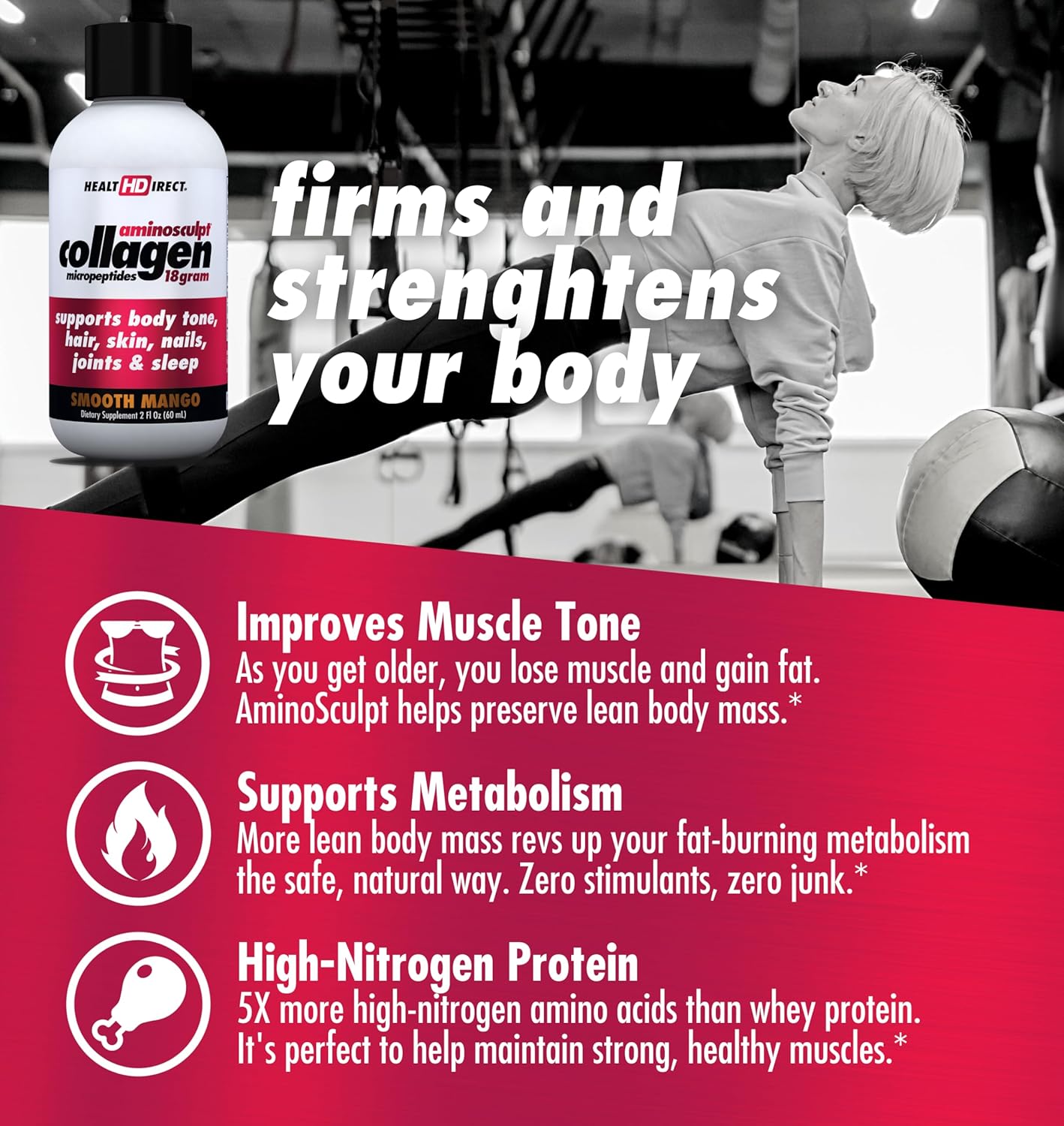 Health Direct AminoSculpt Sugar-Free Liquid Collagen Shots, Smooth Mango Flavor - 12 Servings for Joints, Bones, Sleep, Hair, Skin & Nails