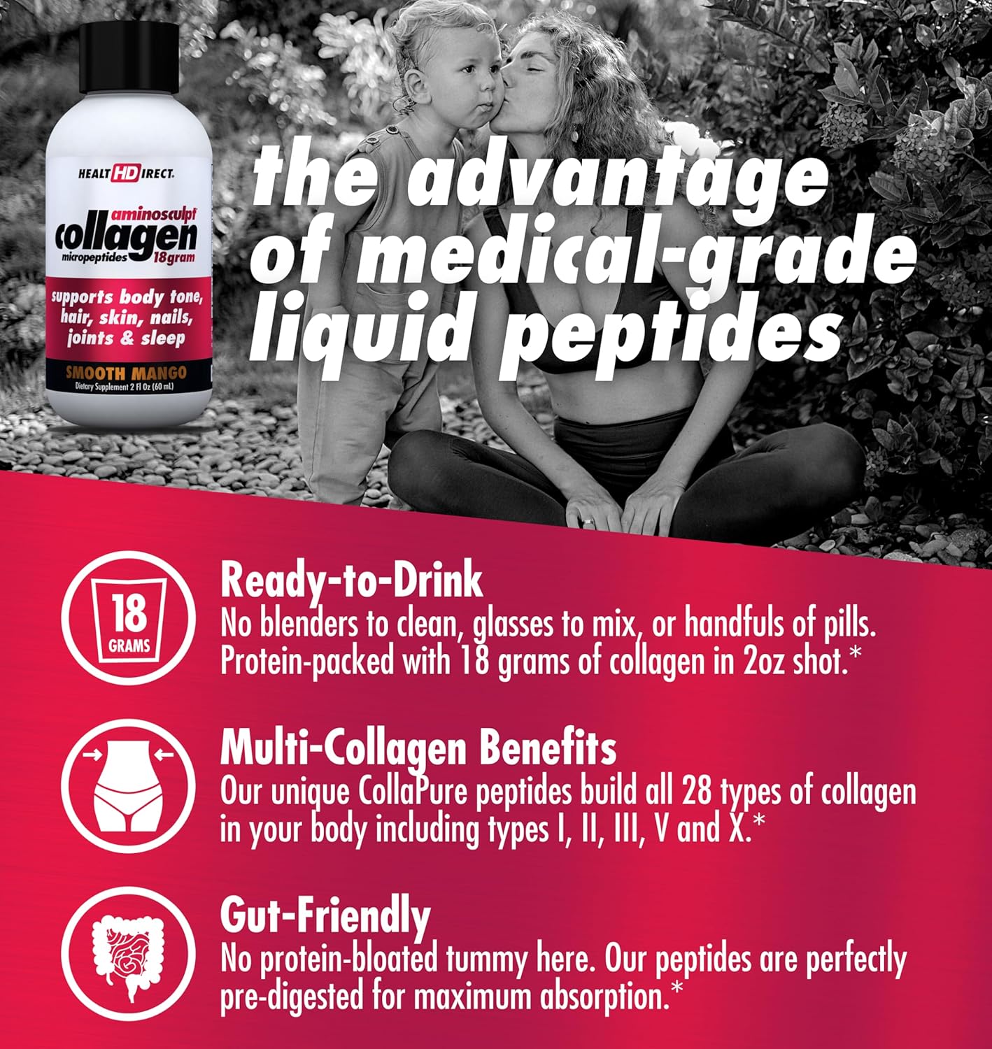 Health Direct AminoSculpt Sugar-Free Liquid Collagen Shots, Smooth Mango Flavor - 12 Servings for Joints, Bones, Sleep, Hair, Skin & Nails