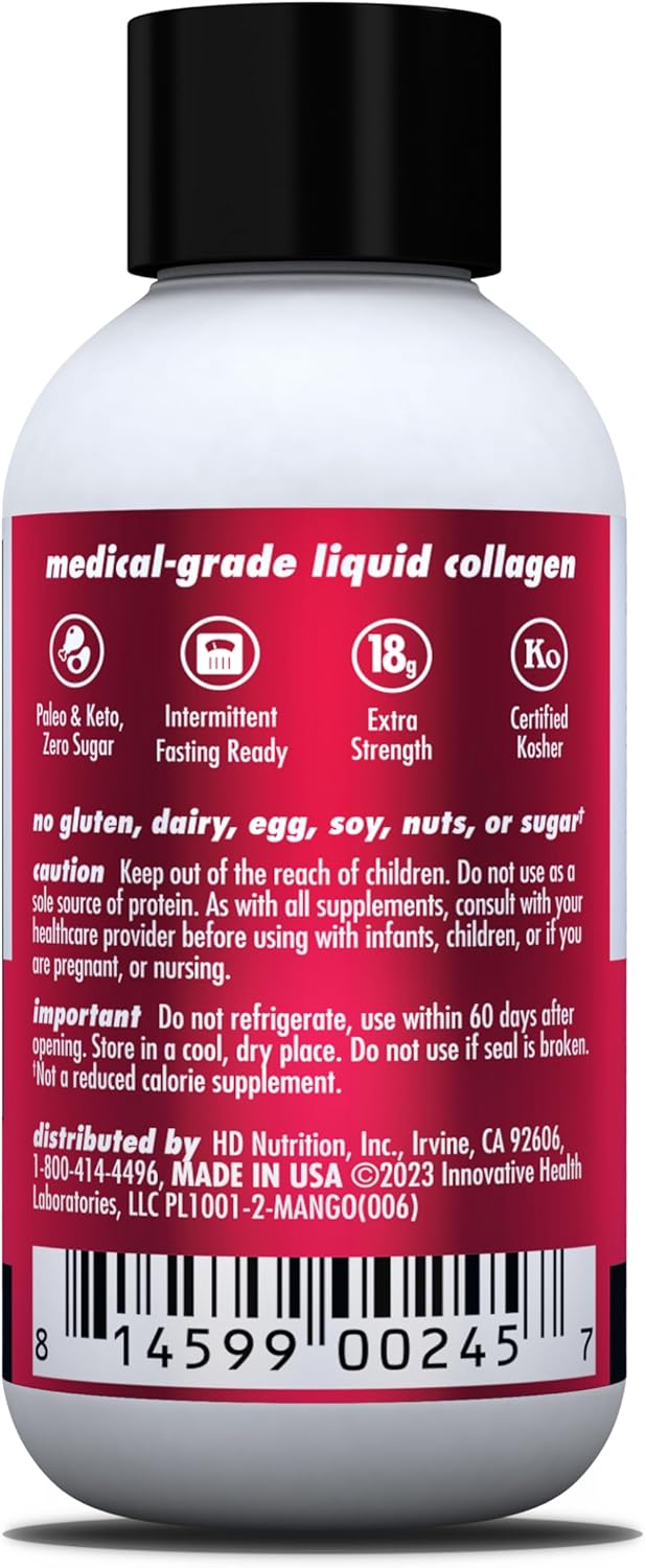Health Direct AminoSculpt Sugar-Free Liquid Collagen Shots, Smooth Mango Flavor - 12 Servings for Joints, Bones, Sleep, Hair, Skin & Nails