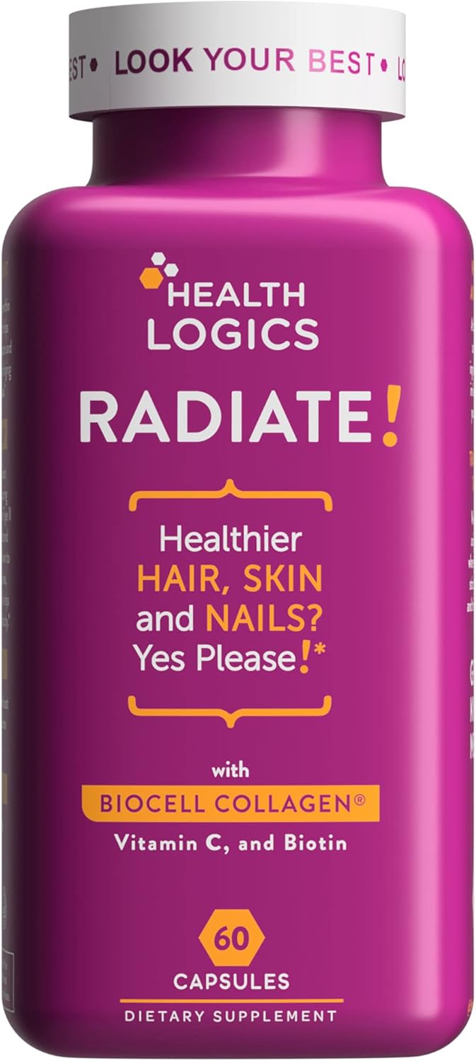 Health Logics Radiate | Biotin Hair Skin Nails Supplement with Collagen & Vitamin C | Reduce Facial Lines & Wrinkles, Promote Joint Comfort