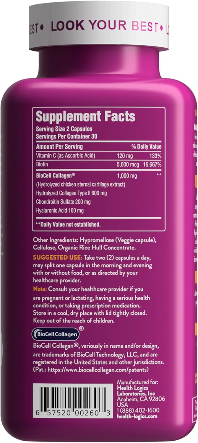 Health Logics Radiate | Biotin Hair Skin Nails Supplement with Collagen & Vitamin C | Reduce Facial Lines & Wrinkles, Promote Joint Comfort