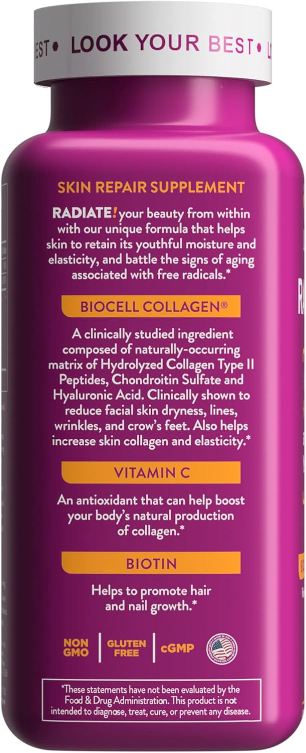 Health Logics Radiate | Biotin Hair Skin Nails Supplement with Collagen & Vitamin C | Reduce Facial Lines & Wrinkles, Promote Joint Comfort