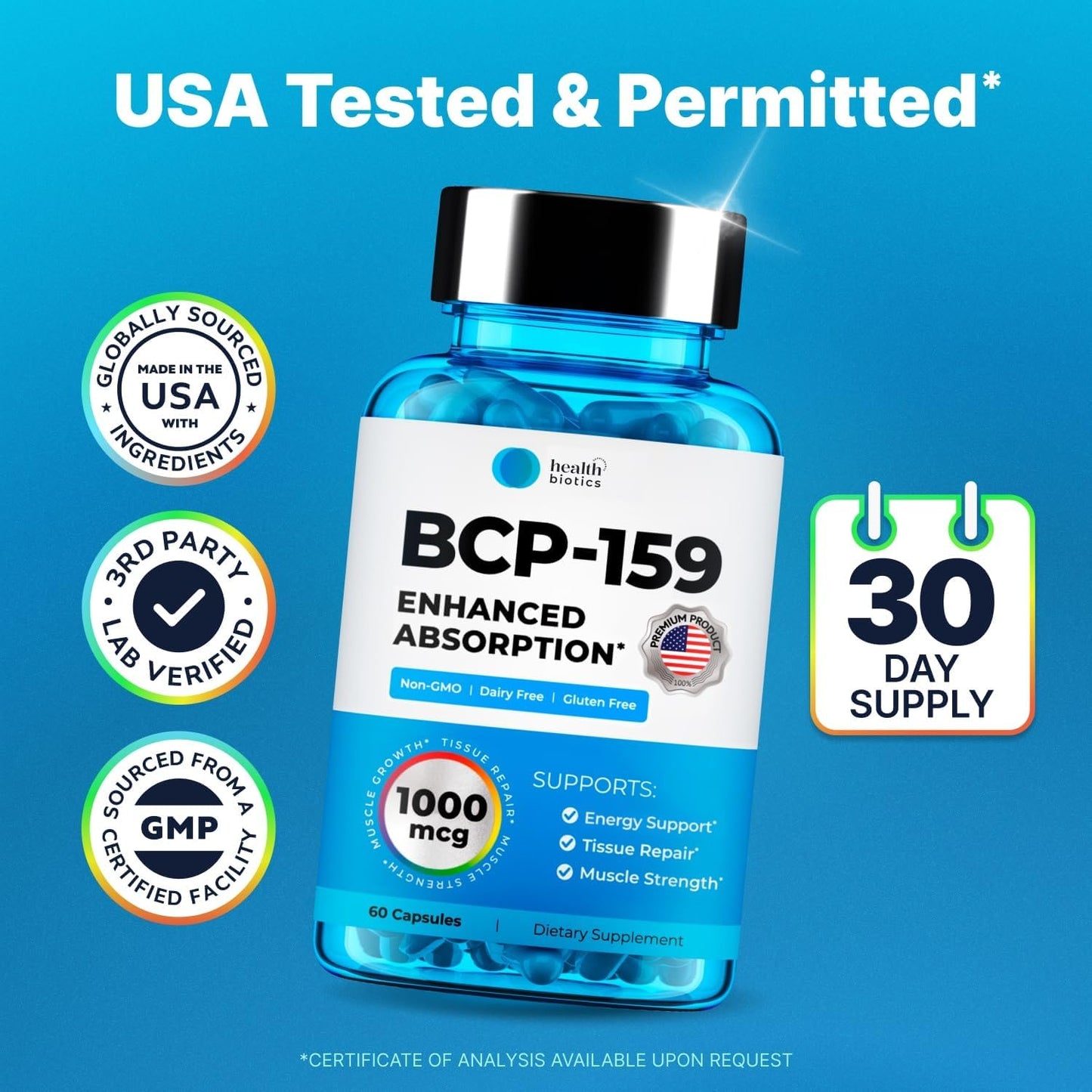 Healthbiotics BCP-159 Capsules - Cycle & Post-Workout Recovery Supplement - Muscle & Joint Support - 1000 mcg NAC - 60 Capsules