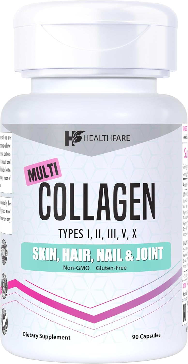 Healthfare Multi Collagen Peptides Tablets - 90 Count - Skin, Hair, & Joint Health Support with MSM, Aloe Vera, Saw Palmetto, Keratin, Vitamin C & E - Non-GMO - Made in USA