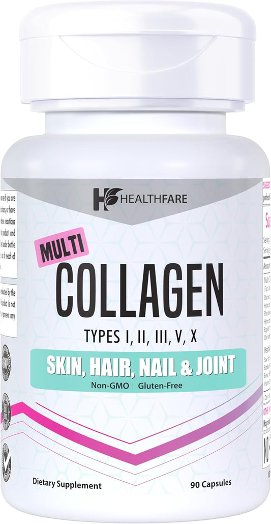 Healthfare Multi Collagen Peptides Tablets - 90 Count - Skin, Hair, & Joint Health Support with MSM, Aloe Vera, Saw Palmetto, Keratin, Vitamin C & E - Non-GMO - Made in USA