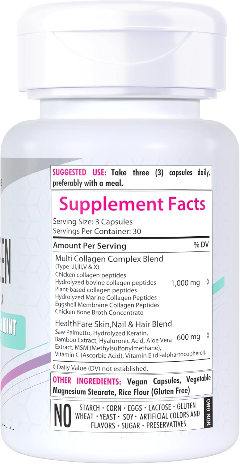 Healthfare Multi Collagen Peptides Tablets - 90 Count - Skin, Hair, & Joint Health Support with MSM, Aloe Vera, Saw Palmetto, Keratin, Vitamin C & E - Non-GMO - Made in USA
